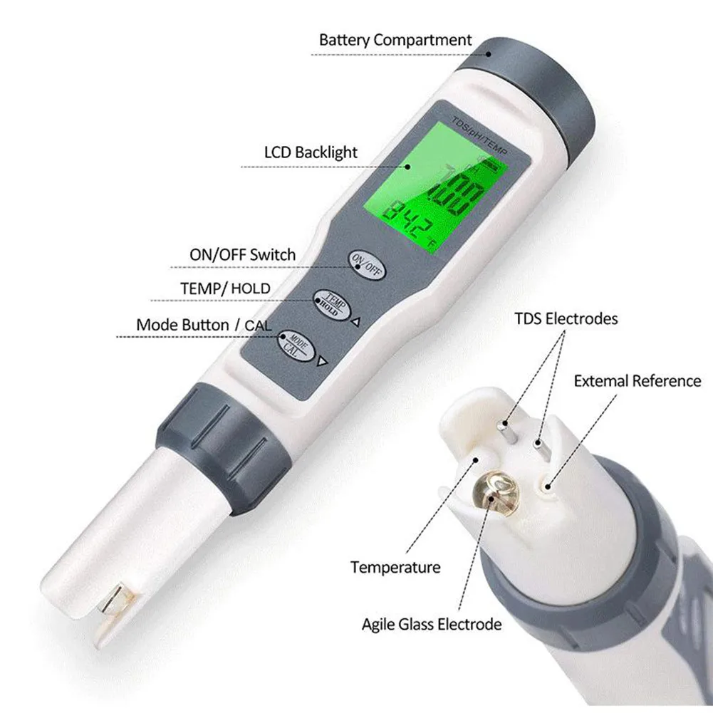 

0-60.0C PH/T/TEMP Meter 0.00-14.00ph 1-19999 S/cm 3 In1 Digital For Pools LCD