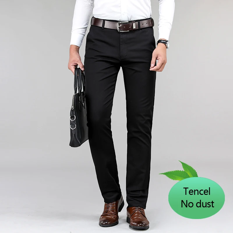 Plus Size 40 42 44 Men's Tencel Casual Pants Not Ash High Quality Fashion Business Straight Elastic Trousers Male Brand Clothes - Цвет: Черный
