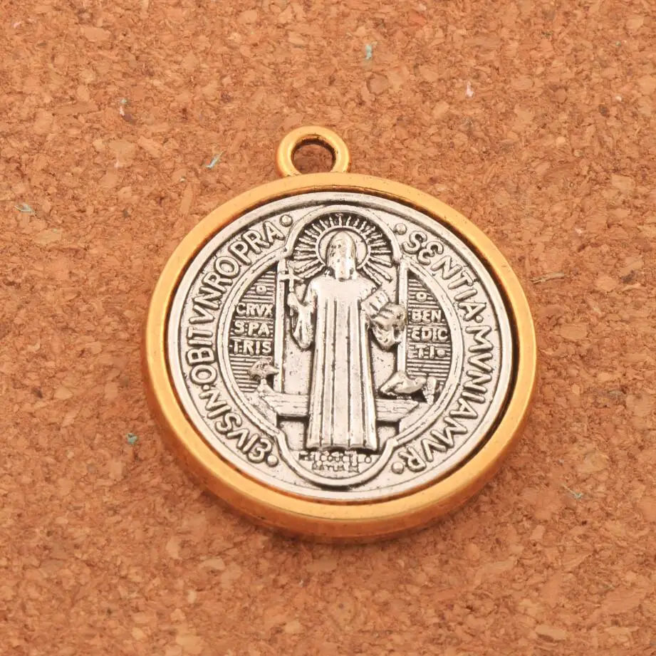 

3pcs Saint St Benedict Medal Cross Spacer Beads Pendants Two Tone Jewelry L1696 32.3x27.9mm Tibetan Silver