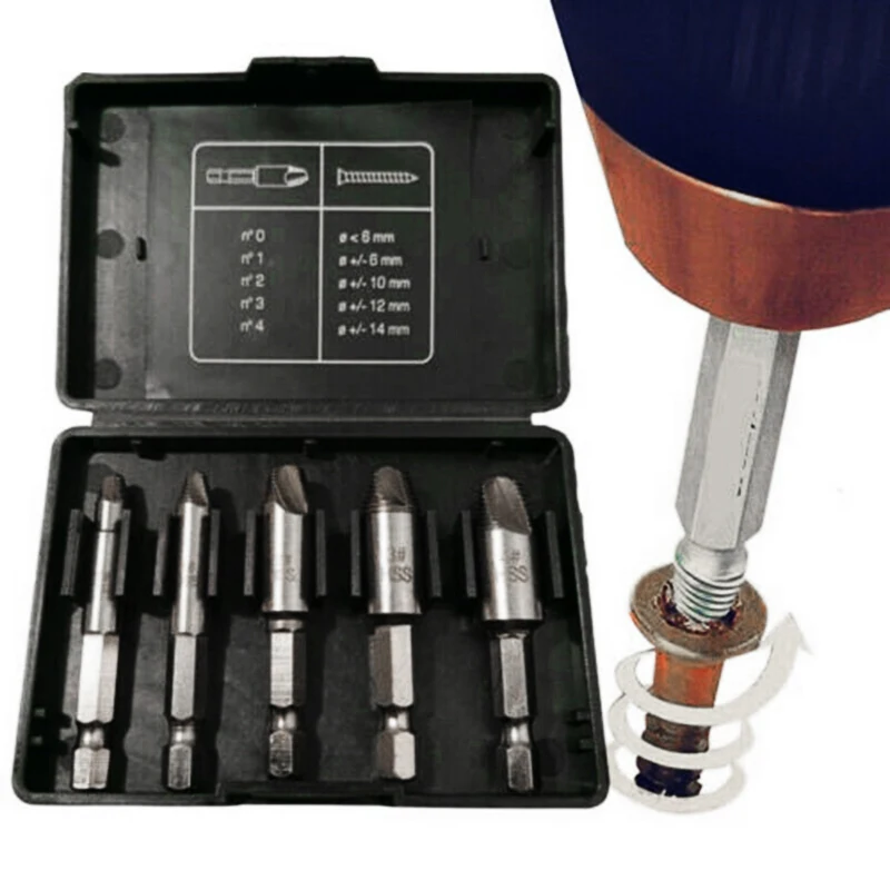 

5pc Screw Extractor Easy Out Drill Bits Bolt Extractor Set Damaged Screw Remove