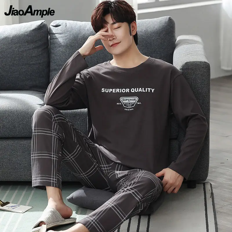 Men's Pajamas 2021 Autumn Winter Cotton Long-sleeved Trousers Pijamas Two-piece Male Sleepwear Loose Home Clothes Suit