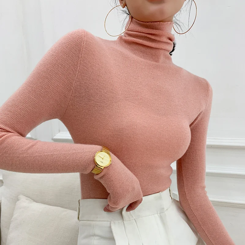 

JCHB Women 100% Cashmere Wool Pullover New Arrival Turtleneck Elasticity Sweater Female Warm Soft Basic Jumper Solid Slim Femme