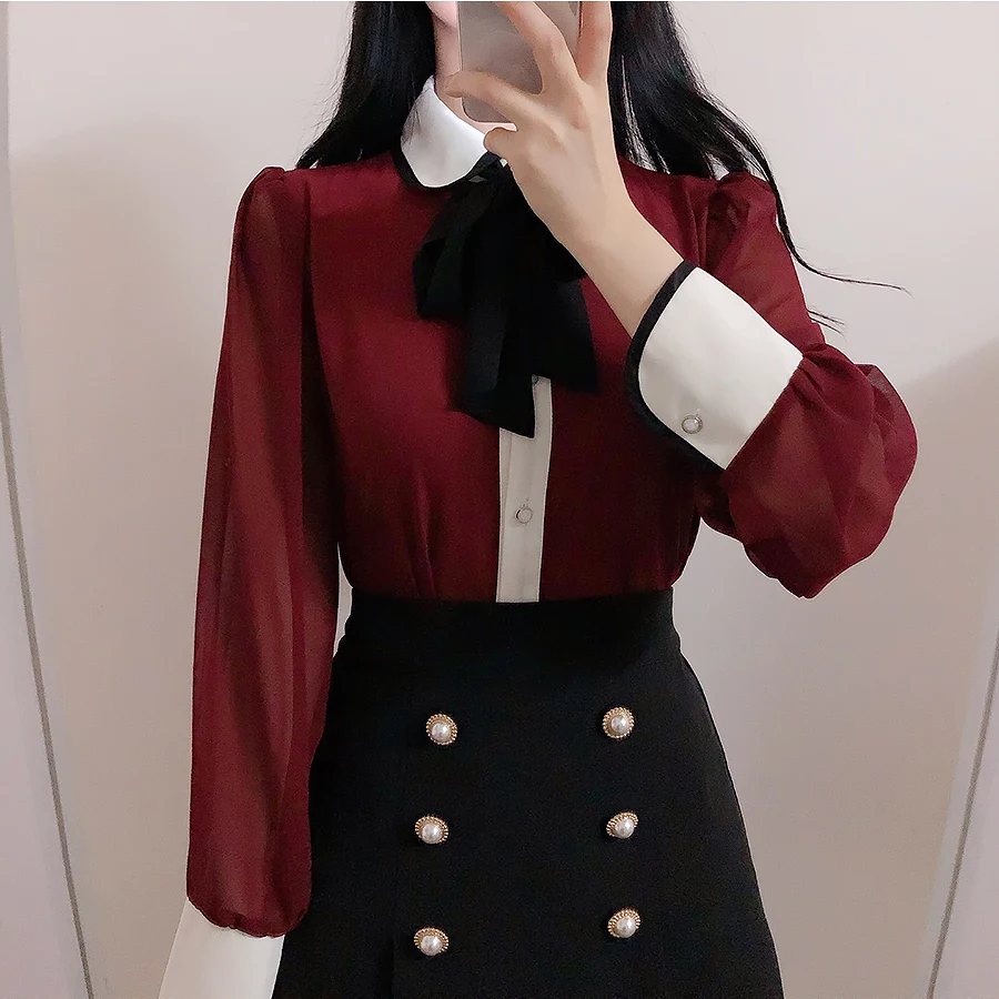 Милый Питер Пэн галстук-бабочка воротник с длинным рукавом женская рубашка