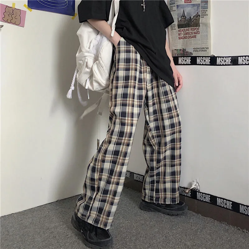 

Plaid Wide Leg Pants Women Vintage Sweatpants Black Blue Jogging Autumn Students Hip-hop Latest