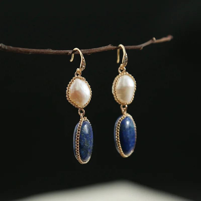 

Korean Fashion Earring For Women Natural Pearl Lapis Lazuli Rose Flower Pendant Charm Lady Aesthetic Gift Jewelry Accessories