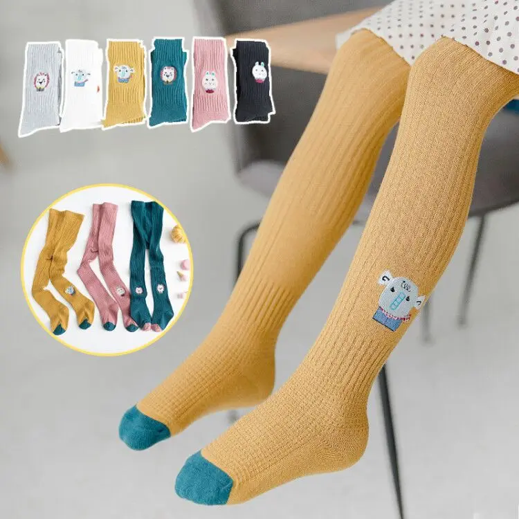 

1-8years Baby Girls Tights Autumn Winter Infant Toddler Embroidery Cartoon Pantyhose Black White Pink Drop Shipping KF358