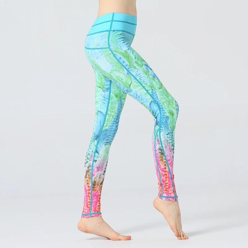 digital printing Mint Green Art Leggings high waist band Elastic yoga pants Fitness Slim Sporty Gym for Women Trousers | Спорт и