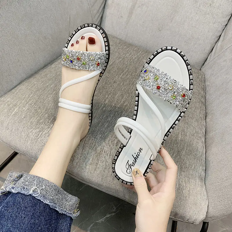 Горный хрусталь сандалии на плоской подошве женские с Т образным ремешком черные