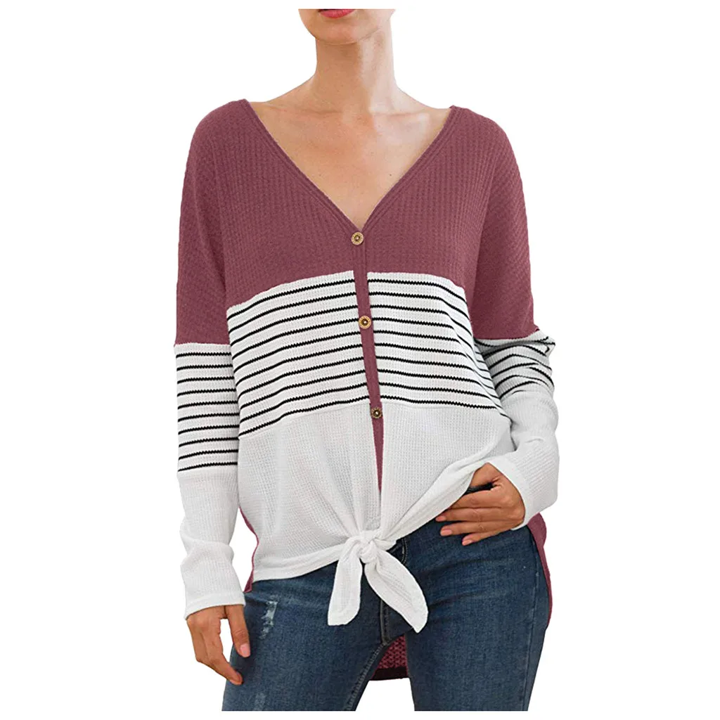 Модная женская трикотажная туника блузка галстук узел с длинным рукавом V