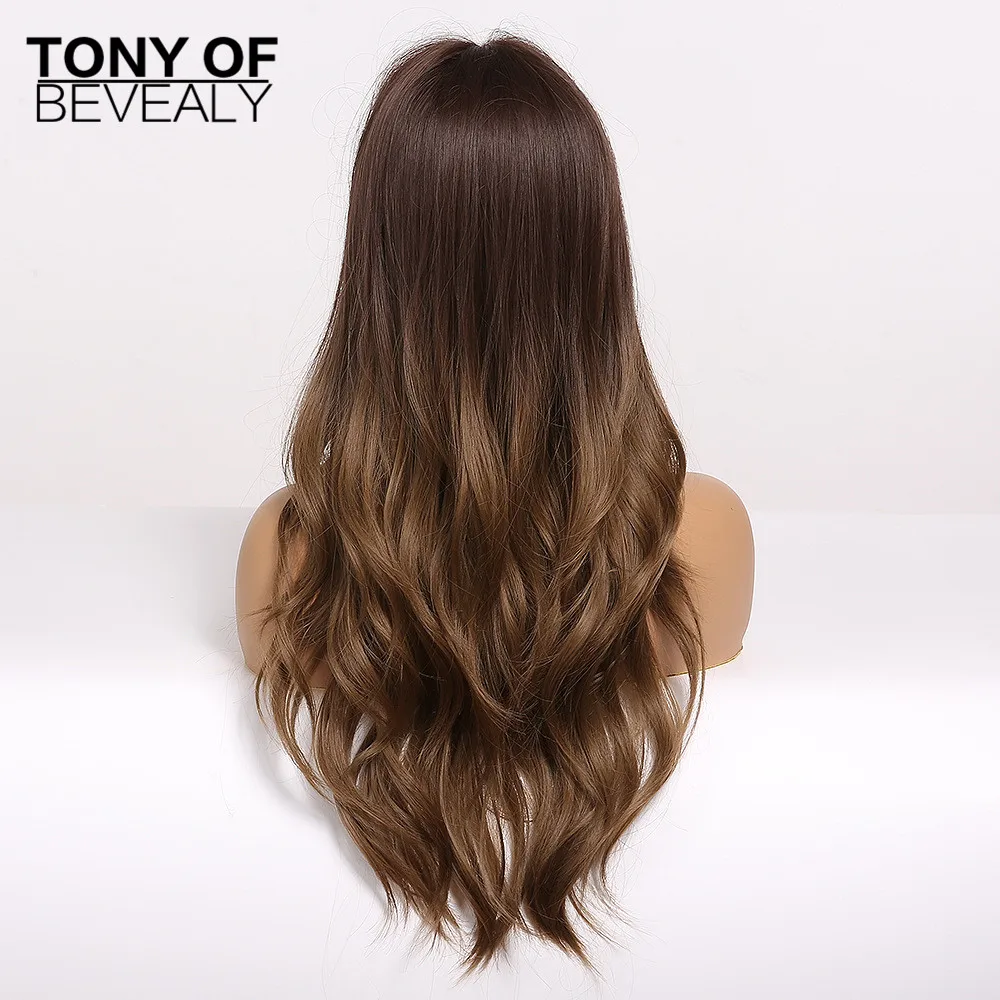 Длинные волнистые синтетические парики Омбре коричневого цвета с челкой
