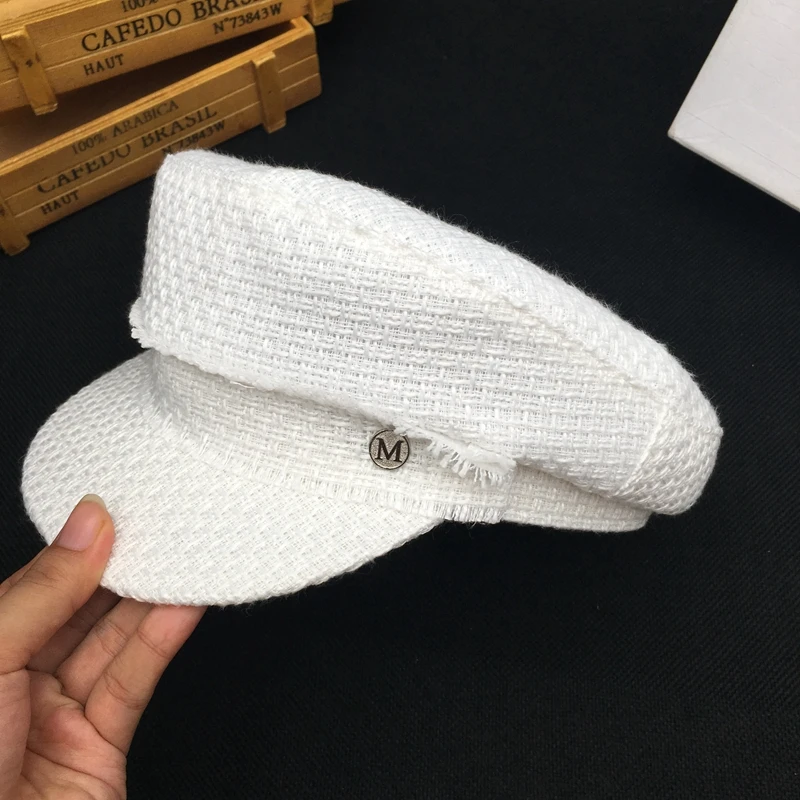 Маленький белый ароматный весенний вязаный берет Женская восьмиугольная кепка с