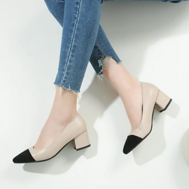 

TAOFFEN Mixed Color Women Pumps Pointed Toe Square Heel Shoes Women Shallow Soft Wedding Party Office Lady Footwear Size 30-43