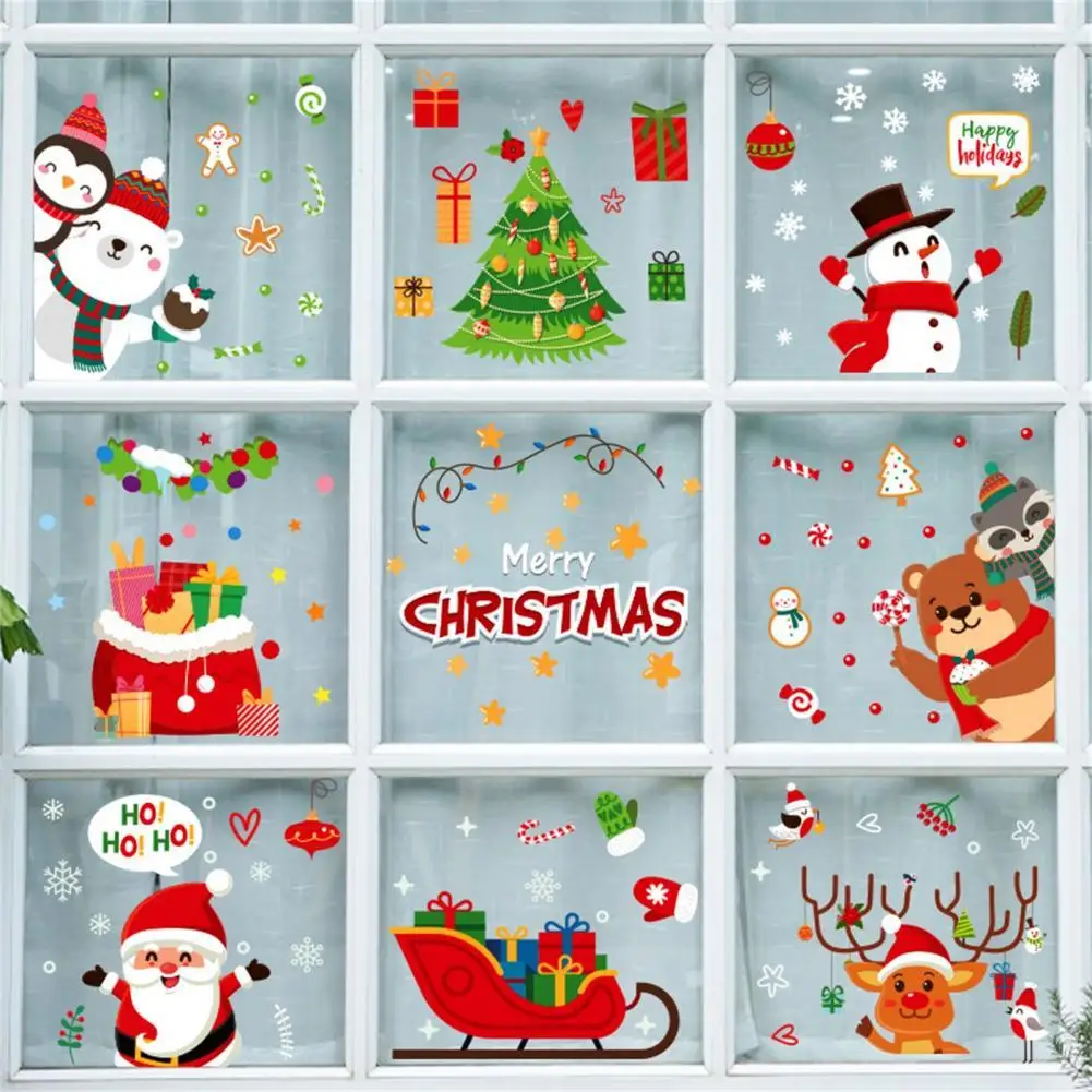 

PVC 9Pcs Lovely Winter Holiday Window Stickers Double Side Printed Stickers Mildewproof for Wall