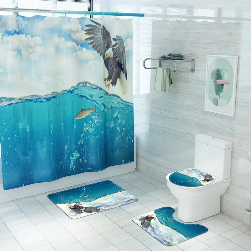 

Eagle Catch Fish Bathroom Curtain Set Non-Slip Rugs Toilet Lid Cover and Bath Mat Carpet 180*180cm Fabric Shower Curtains