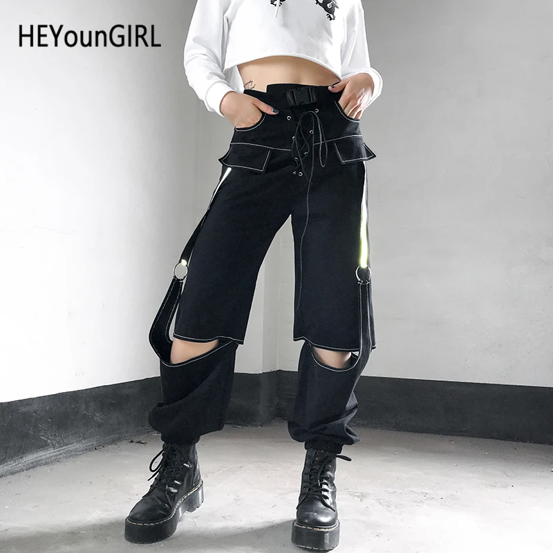 HEYounGIRL черный Высокая талия женские брюки-карго Harajuku в стиле «хип-хоп» женские спортивные брюки со шнуровкой Светоотражающие впитывает пот и Штаны женская уличная