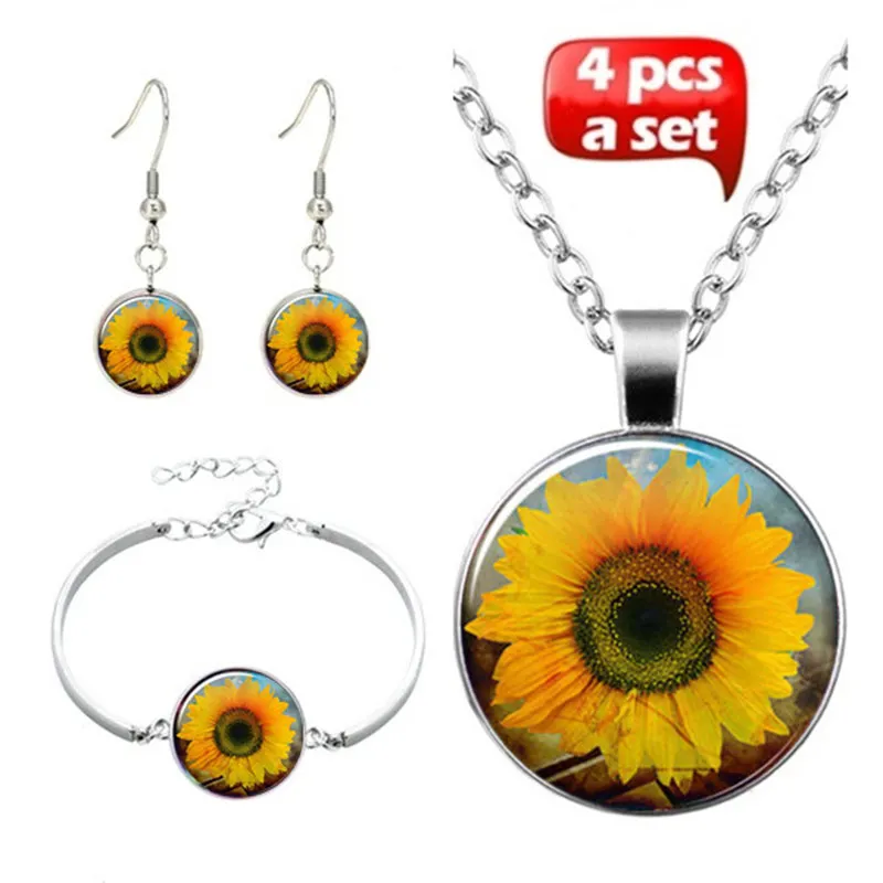 

4Pcs/Set New Sunflower Chain Necklace Bracelet Earrings Bright Yellow Sun Flower Art Glass Dome Pendant Women Lucky Jewelry Gift