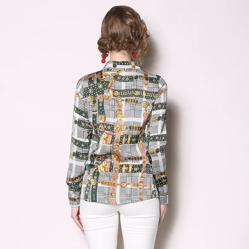 

New Elegant Vintage Fashion Women Spring Autumn Print Slim Shirt Office Lady Turn Down Collar Long Sleeve Blouses Tops