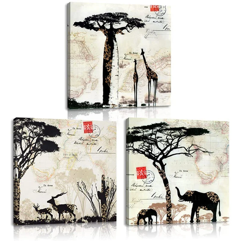 

Vintage Animal Canvas Wall Art Boho Deer Giraffe Elephant Print Landscape Painting Modern Artwork For Living Room Home Decor