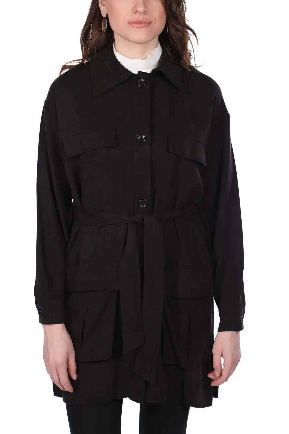 

Markapia Belted Black Trench Coat with Pockets