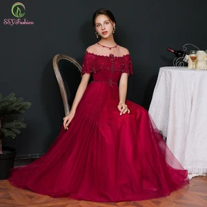 SSYFashion Новое роскошное вечернее платье невесты банкетное элегантное винно-красное украшенные бисером Длинные вечерние платья для женщин Vestido De Noche