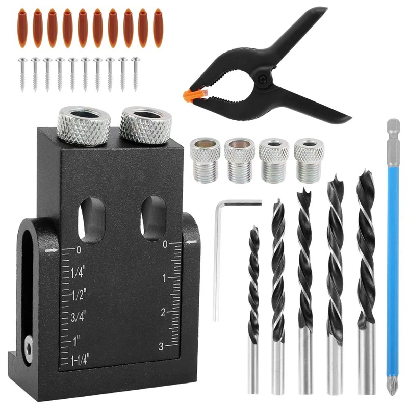 

35 Pcs Pocket Hole Screwing Device, Angle Machining Angle Tool Set for Woodworking with 6/8 / 10Mm Hole Drive Adapter