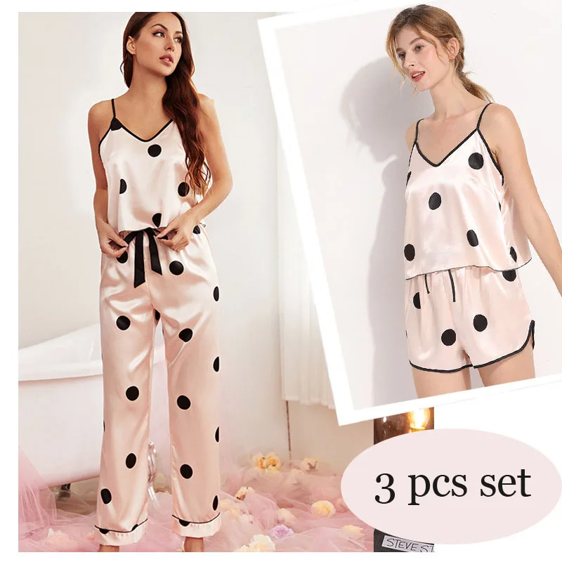 

Пижамный комплект из трех предметов, женская одежда для сна, атласные шорты, брюки, костюм для дома, топы без рукавов, Женский пижамный компл...