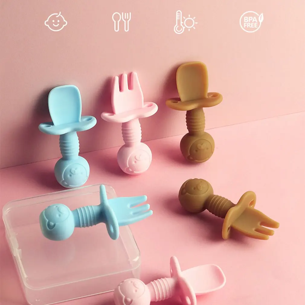 

2 Pcs Baby Silicone Spoon Fork Dinnerware Set BPA Free Kids Training Feeding Food Dishes Tableware Utensils