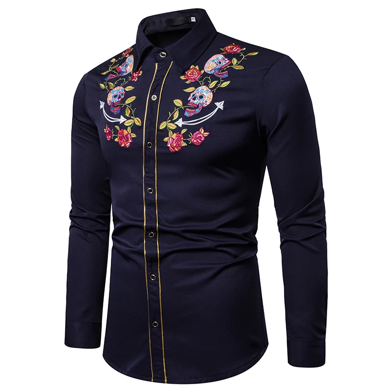 UNPADUPE Мужская мода Западный череп ковбоя и Роза вышивка рубашка Slim Fit Повседневная с длинным рукавом пуговицы вниз платье рубашки