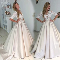 vintage wedding dresses with pockets satin lace a line 2020 bride dress half sleeves robe de soiree light champagne bridal gown