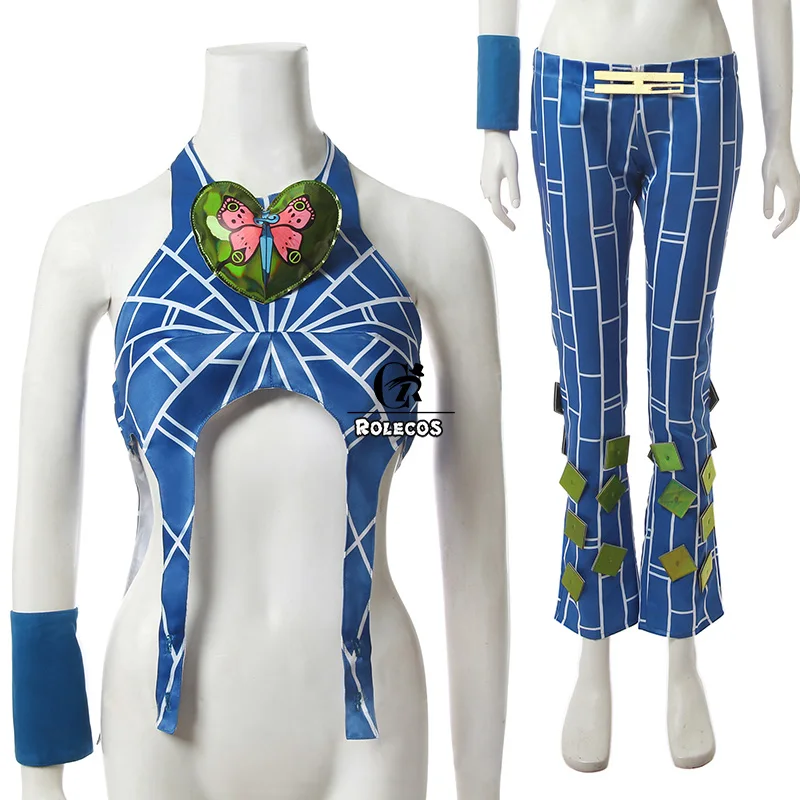 ROLECOS аниме JoJo Cujoh Jolyne Косплэй костюм Для женщин сексуальный синий топ и штаны