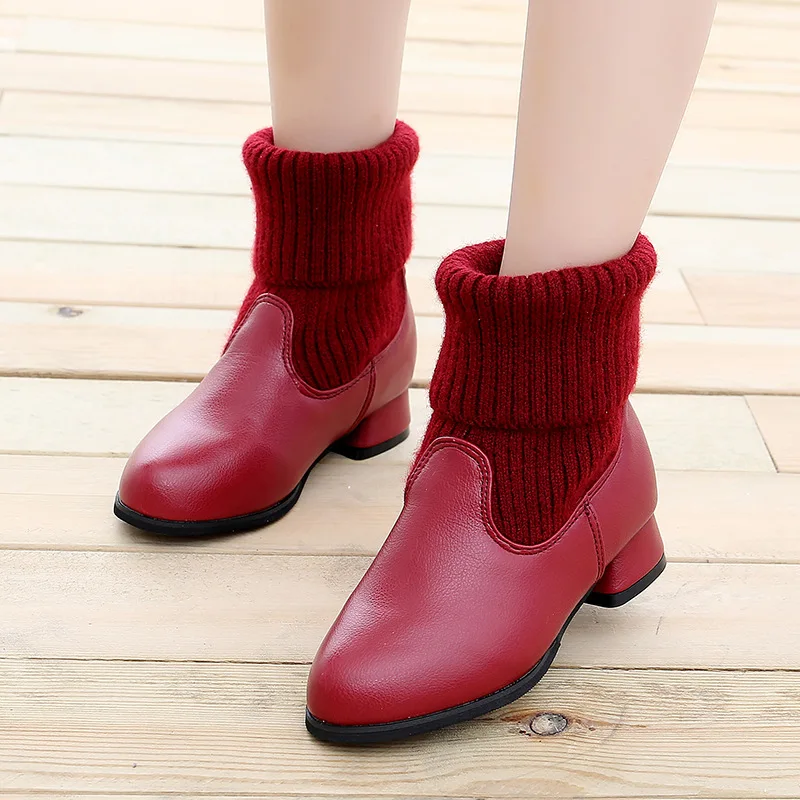 

Casual Warm Solid Low Heels Medium Big Kids Girls Leather Shoes Fashion Autumn Winter Children's Princess Middle-top Sock Boots