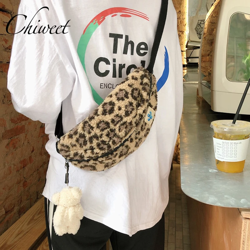 Женская нагрудная сумка из кораллового флиса винтажная мессенджер меха леопарда