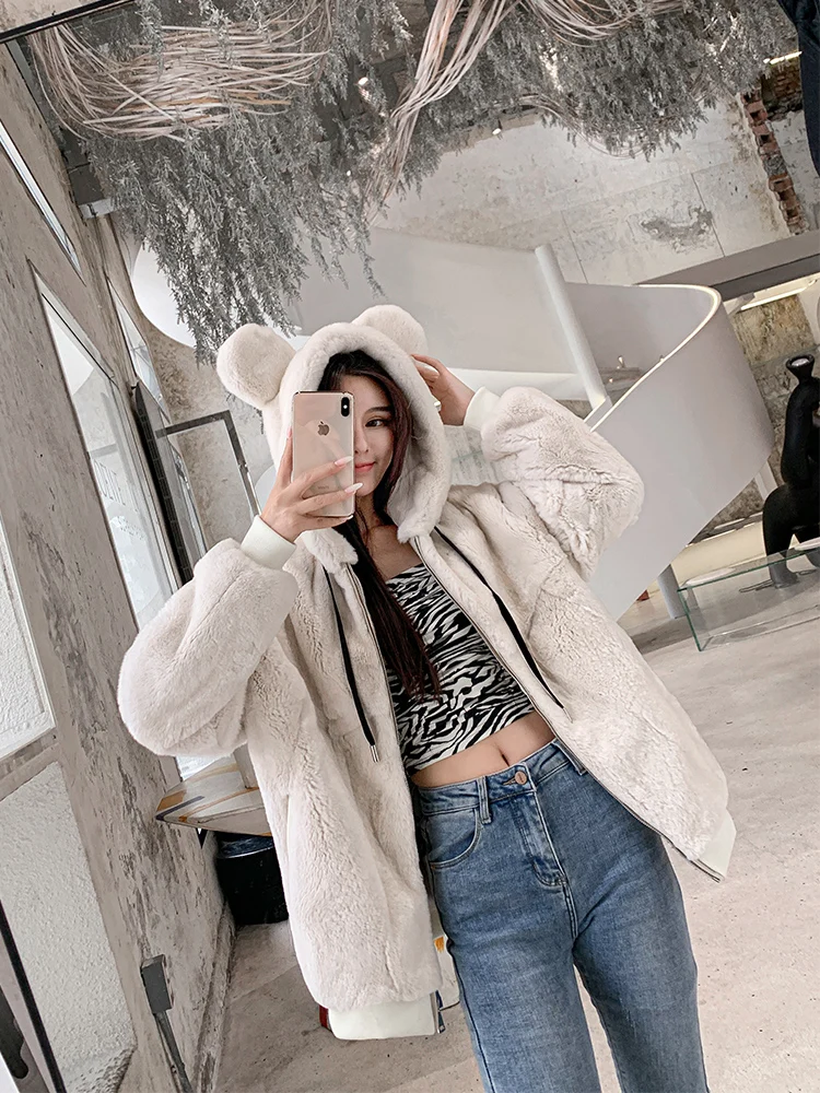 Zero fish Rex knitted Genuine Rabbit fur coat women fashion long rabbit fur jacket Outwear winter fur coat with Hood Leopard