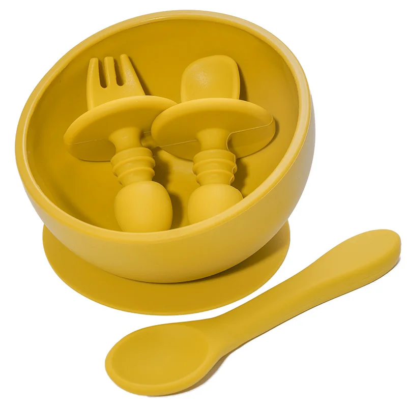 

4 Pcs Set of Baby Tableware Childrens Portable Mini Fork Spoon Toddler Bowl Plate And Silicone Spoon Kids Gift