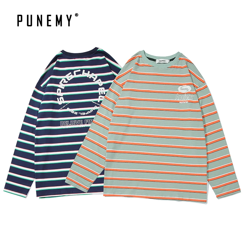 Мужские футболки с длинным рукавом винтажные полосатые хлопковые хип-хоп