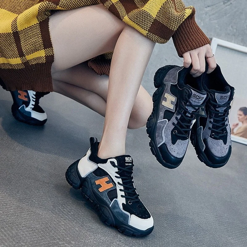 

Genuine Leather Chunky Sneakers Women Non Slip Platform Shoes Chaussure Femme Luxe 2021 Fashion Gray H Letter Causal Sports Shoe