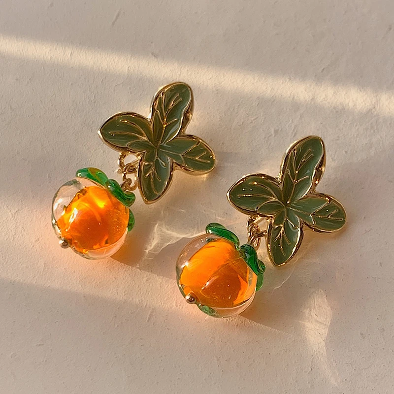 

Glass Persimmon Flower Leaf Stud Earrings For Women Painting Oil Retro Geometric Orange Earring Girl Cute Romantic Jewelry Gifts