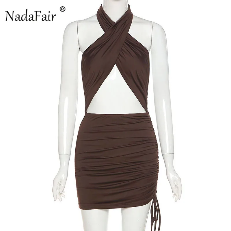 

Nadafair Cross Halter Sexy Mini Party Dress Club Outfit Festival Ruched Bandage Short Green Bodycon Summer Dresses Women Brown