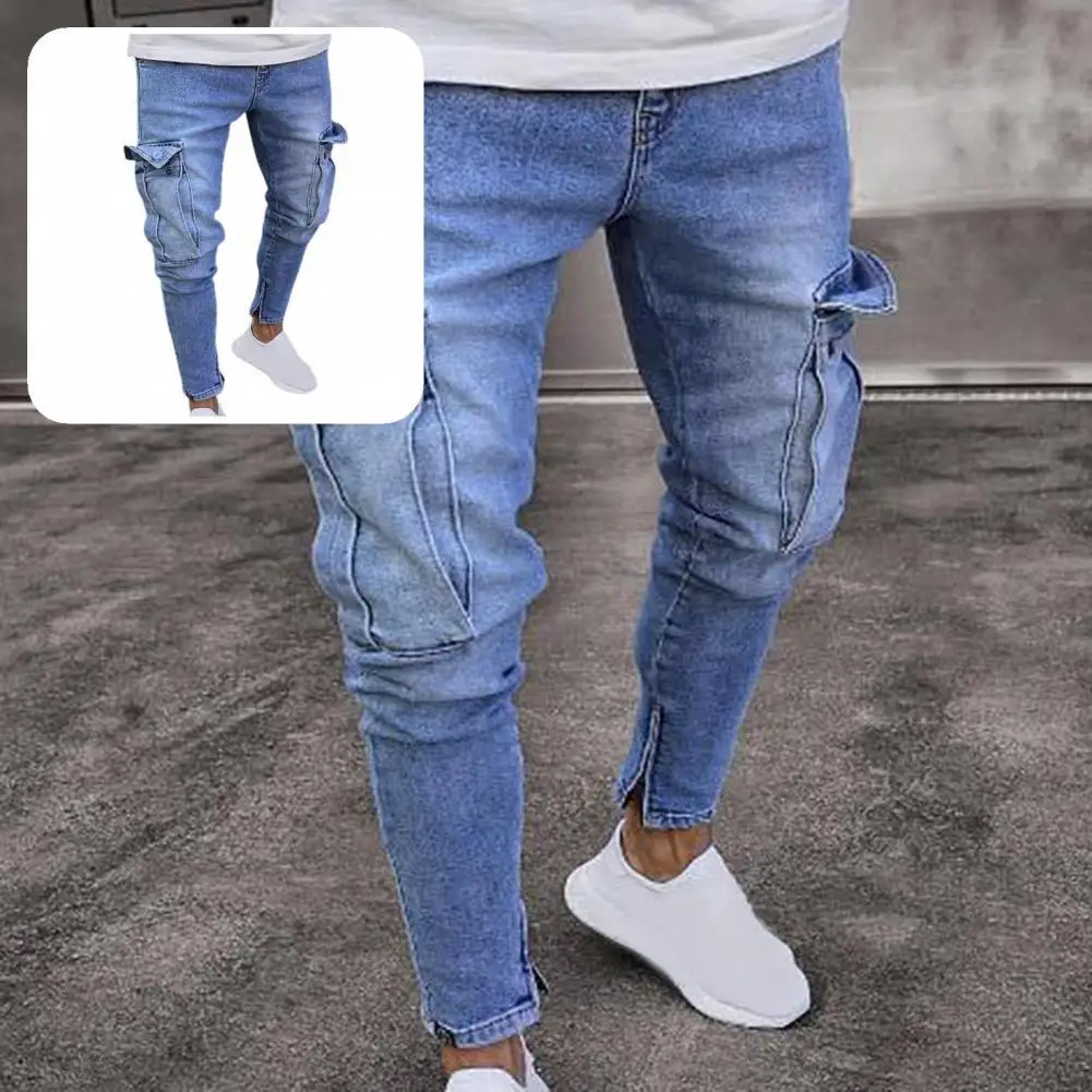 

Fabulous Male Jeans High Elasticity Light Blue Ripped Holes Zipper Cuffs Pencil Jeans Casual Pants Pencil Jeans