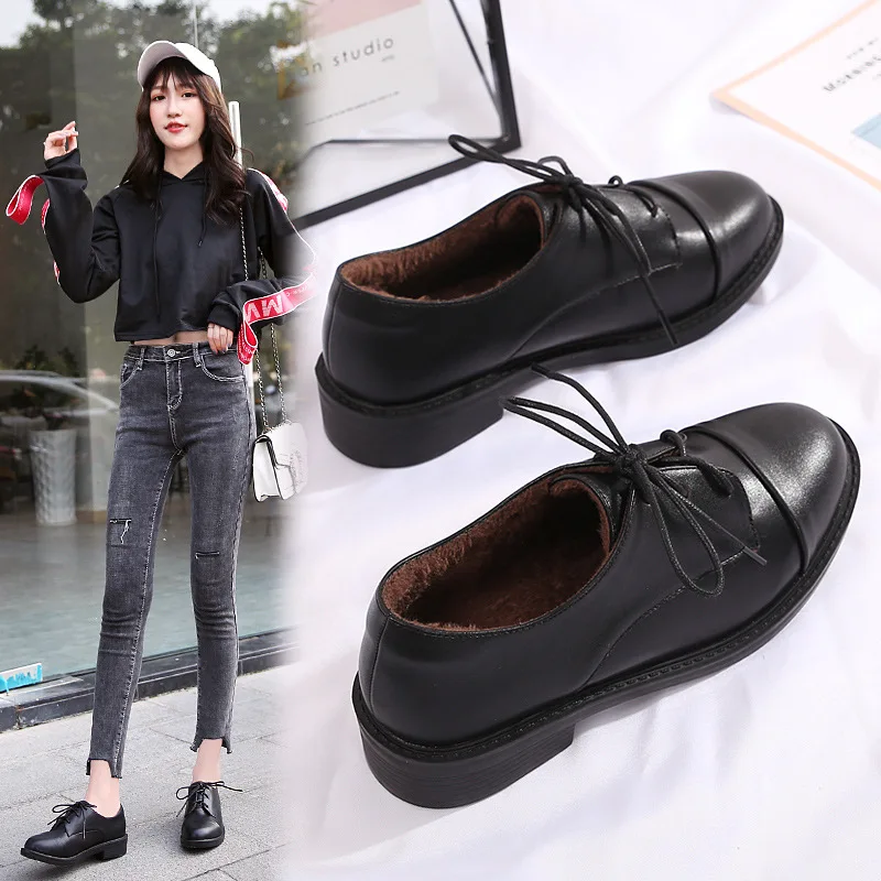 Оксфорды на шнуровке в британском стиле женские плюшевые меховые криперы зимние