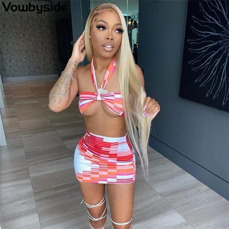 

Summer Print Pattern Sleeveless Halter Strapless Beach Skirt Sexy Dress Sets