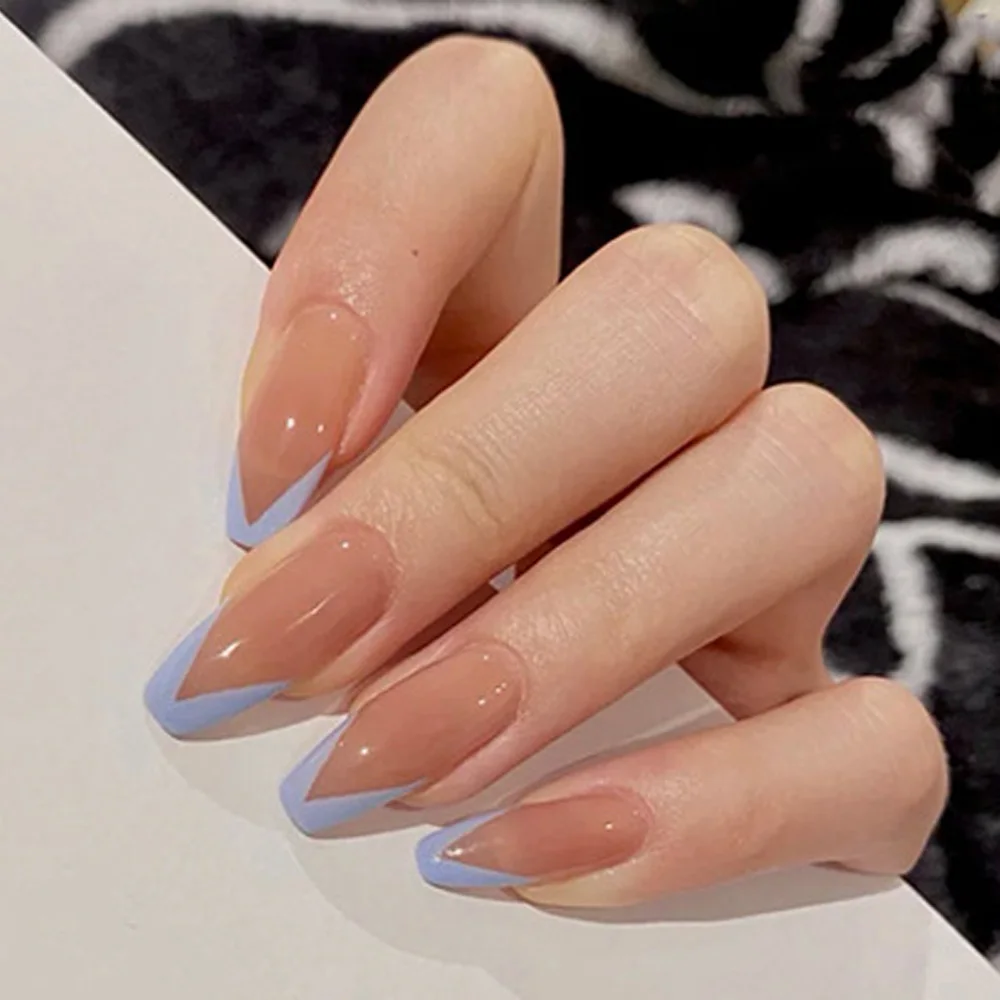 

24Pcs Detachable Long Coffin False Nails with Blue Sky Designs Press on Nails Wearable Fake Nail Full Cover Nail Tips