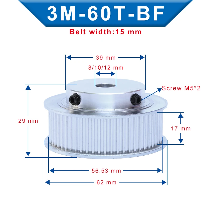 3M-60T Pulley BF shape Inner Bore 8/10/12mm Aluminum Material Pulley Wheel Slot Width 17mm For 3M-Rubber Timing Belt Width 15mm
