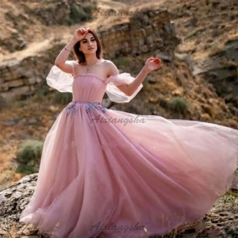 

Aixiangsha Evening Dress Pink Tulle Off The Shoulder Boat Neck Robe De Soiree Pleat Appliques Belt Puffy Sleeve Vestido