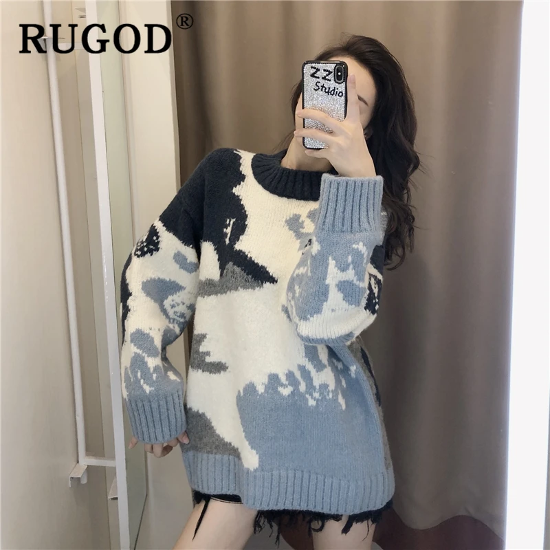 RUGOD элегантный женский свитер с принтом модный круглый вырез длинный рукав