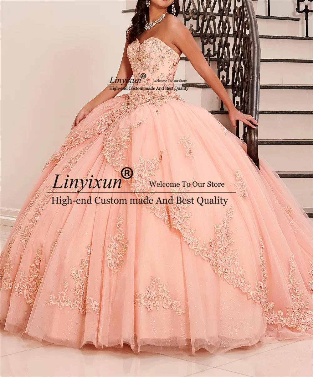 

Ball Gown Pink Quinceanera Dresses Flowers Tulle Appliques Crystals Court Train vestido de 15 anos Lace-Up Sweet 16 Dresses