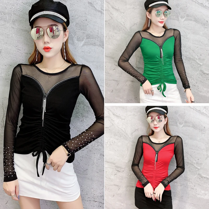 Женская футболка Стразы сексуальные Осенние Топы из сетчатой пряжи с длинным