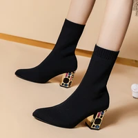 womens boots tghdof fabric high heel autumn sock boots women fashion zipper pumps pointed toe slip on zapatos para mujer