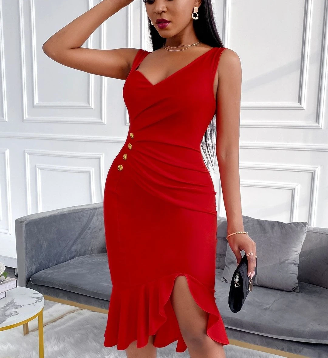 

Fashion trend sexy women's V-neck solid color pleated button fishtail dress female prom dresses for new year 2022