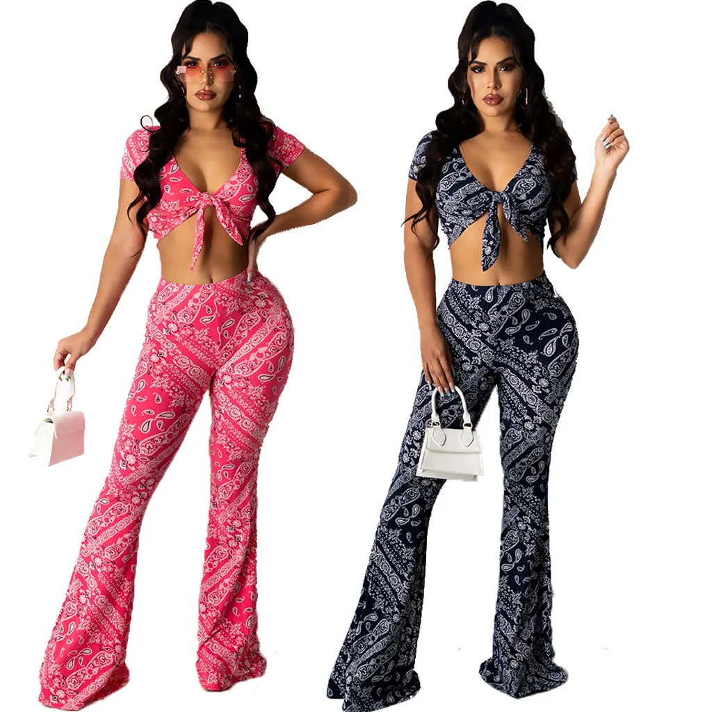 

Women Set Print short Sleeve v-neck Tops Flare Pants Two 2 Piece Sets Casual Tracksuit Summer Outfit 2021